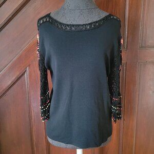Joseph A. Black Crochet Sleeve Top With Beaded Floral Accents - XL